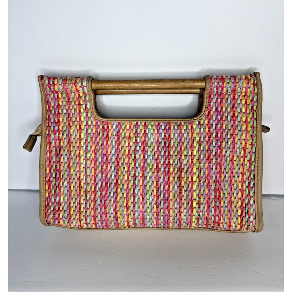 Vintage EGO Woven Straw Handbag Wood Handle Multicolor Resort Summer Chic Y2K - Picture 2 of 13